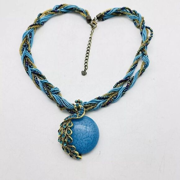 New Blue Natural Round Stone Rhinestone Peacock Beaded Statement Necklace - Picture 2 of 7